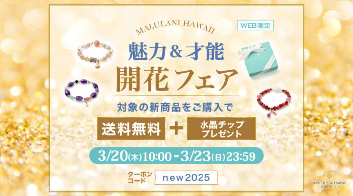 3/20~23 魅力&才能 開花フェア パワーストーン 天然石 対象の新商品をご購入で送料無料+水晶チッププレゼント!